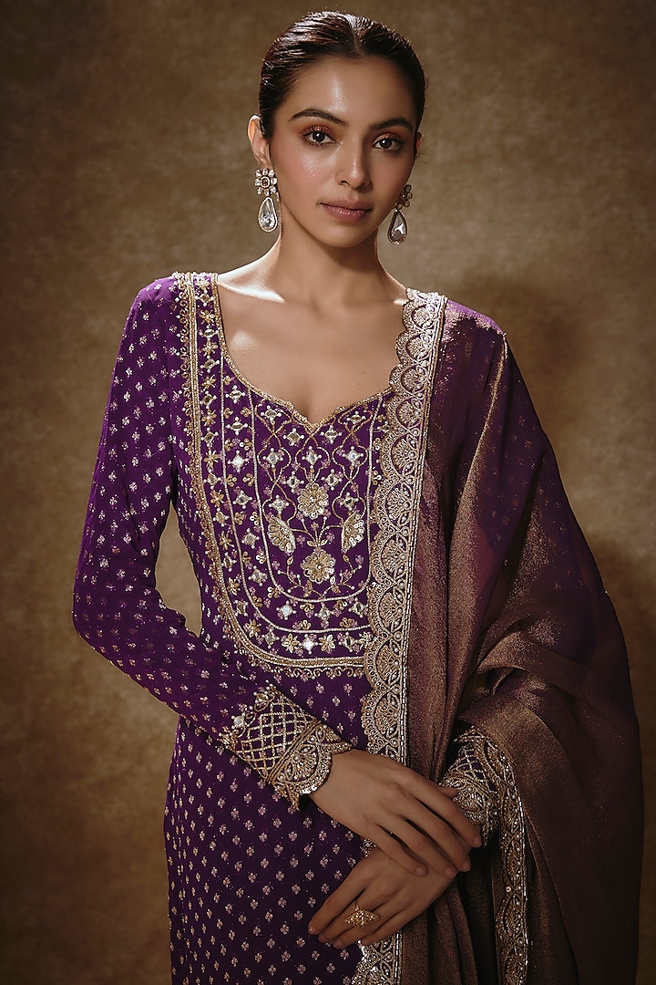Royal Purple Banarasi Viscose Georgette Sequins Embroidered Kurta Set by Renee Label at Pernia's Pop Up Shop