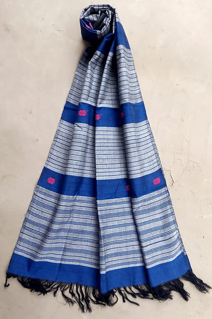 Blue Handmade Striped Stole by Renuka Kalita