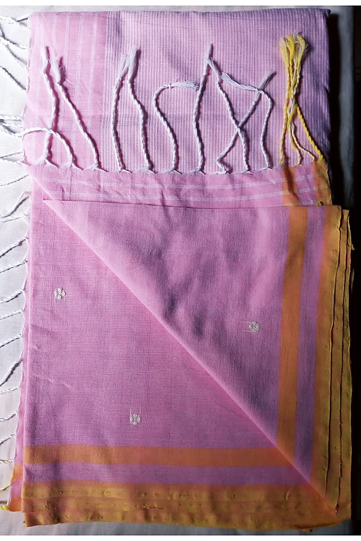 Pink Handmade Saree With Floral Motifs by Renuka Kalita