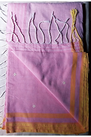 Pink Handmade Saree With Floral Motifs by Renuka Kalita