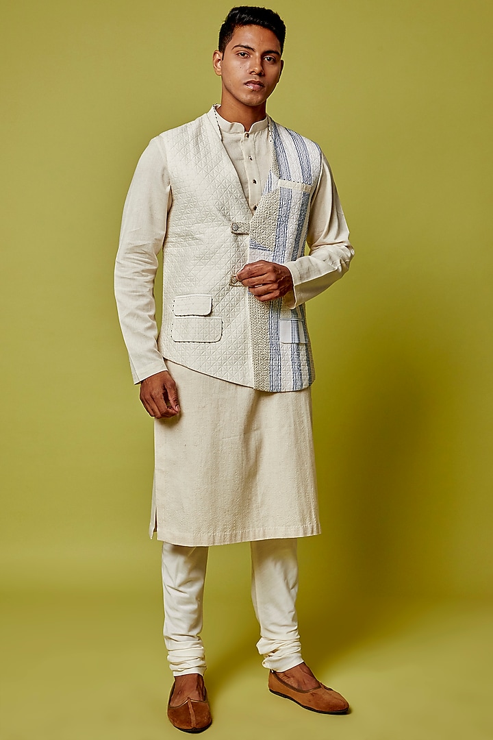 Ivory Kala Cotton Embellished Nehru Jacket With Kurta Set by RE:O:SA