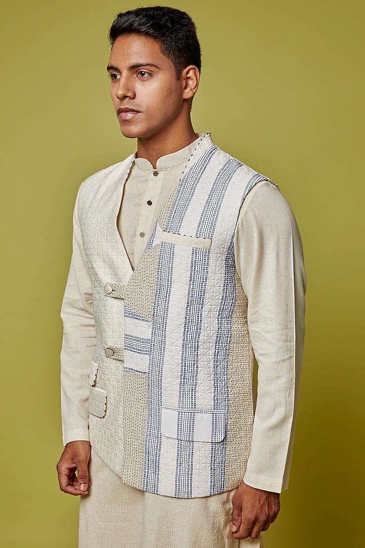 Ivory Kala Cotton Embellished Nehru Jacket With Kurta Set by RE:O:SA at Pernia's Pop Up Shop