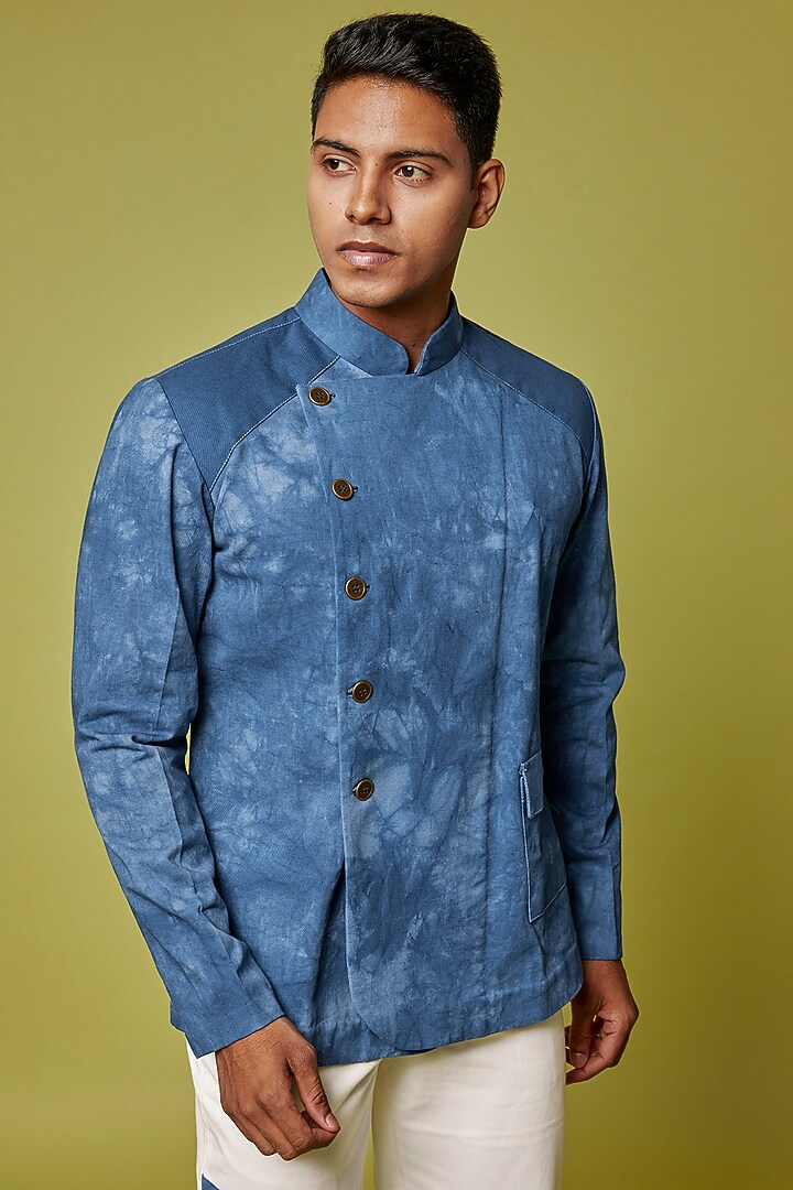 Indigo Cotton Twill Tie-Dye Party Wear Shirt by RE:O:SA at Pernia's Pop Up Shop