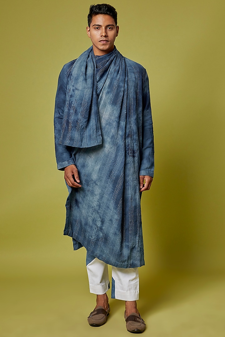 Blue Cotton Wool Embroidered Tie-Dye Draped Kurta Set by RE:O:SA