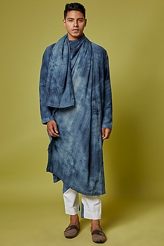 Blue Cotton Wool Embroidered Tie-Dye Draped Kurta Set by RE:O:SA