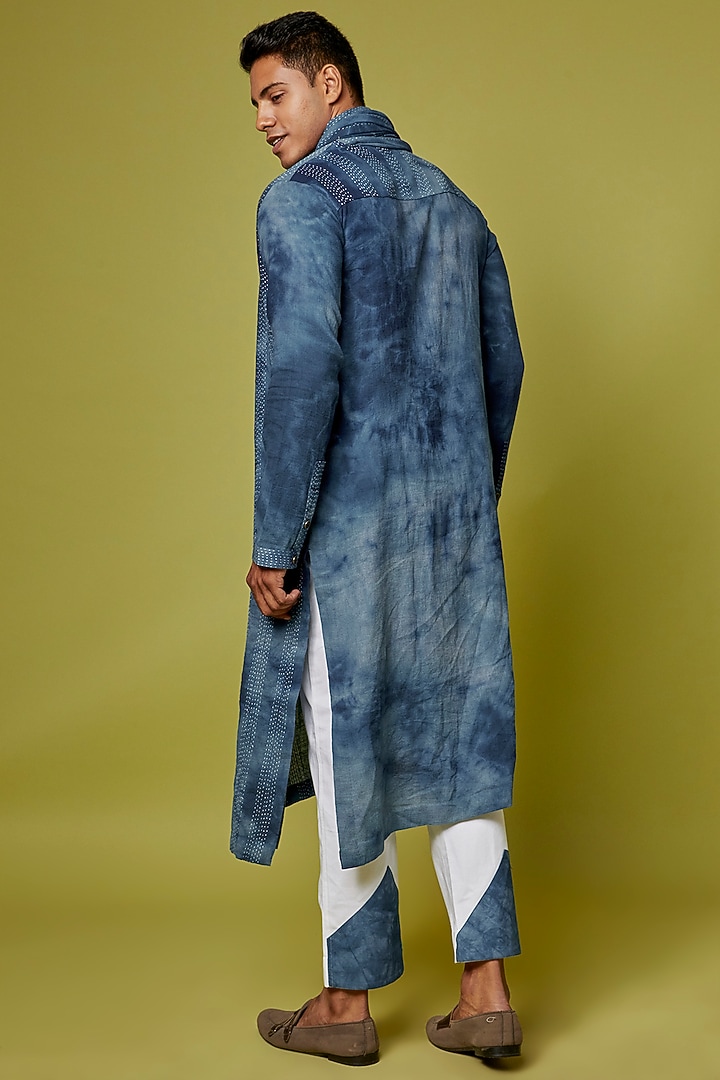 Blue Cotton Wool Embroidered Tie-Dye Draped Kurta Set by RE:O:SA at Pernia's Pop Up Shop