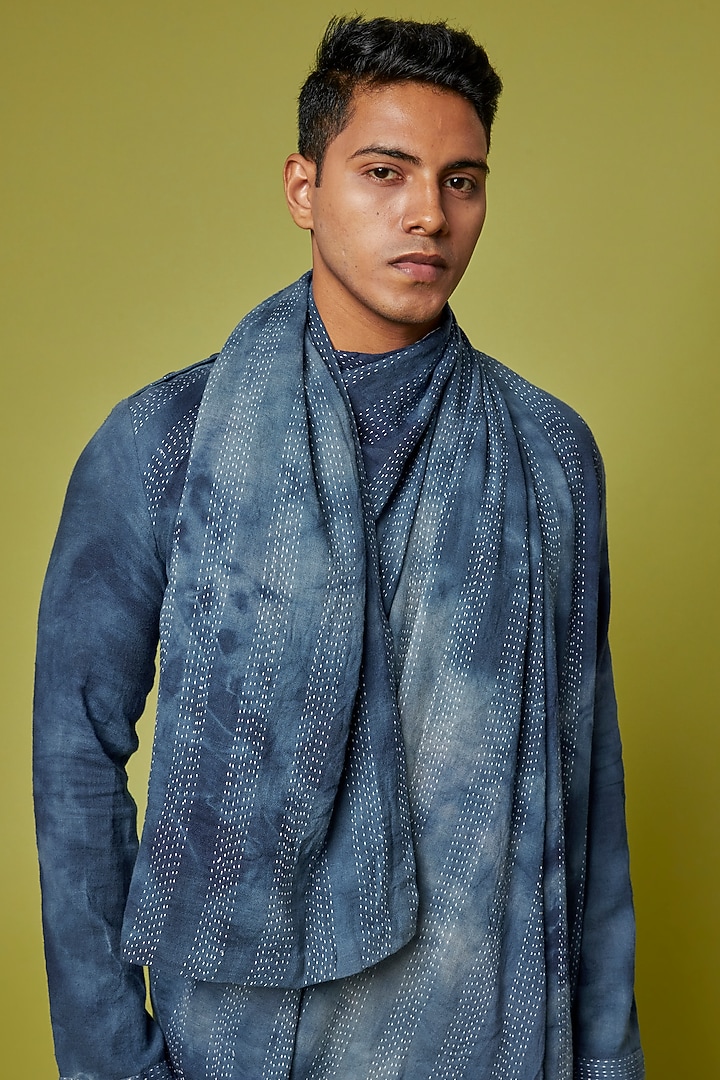 Blue Cotton Wool Embroidered Tie-Dye Draped Kurta Set by RE:O:SA at Pernia's Pop Up Shop