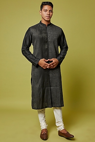 Black Cotton Silk Embellished Kurta Set by RE:O:SA