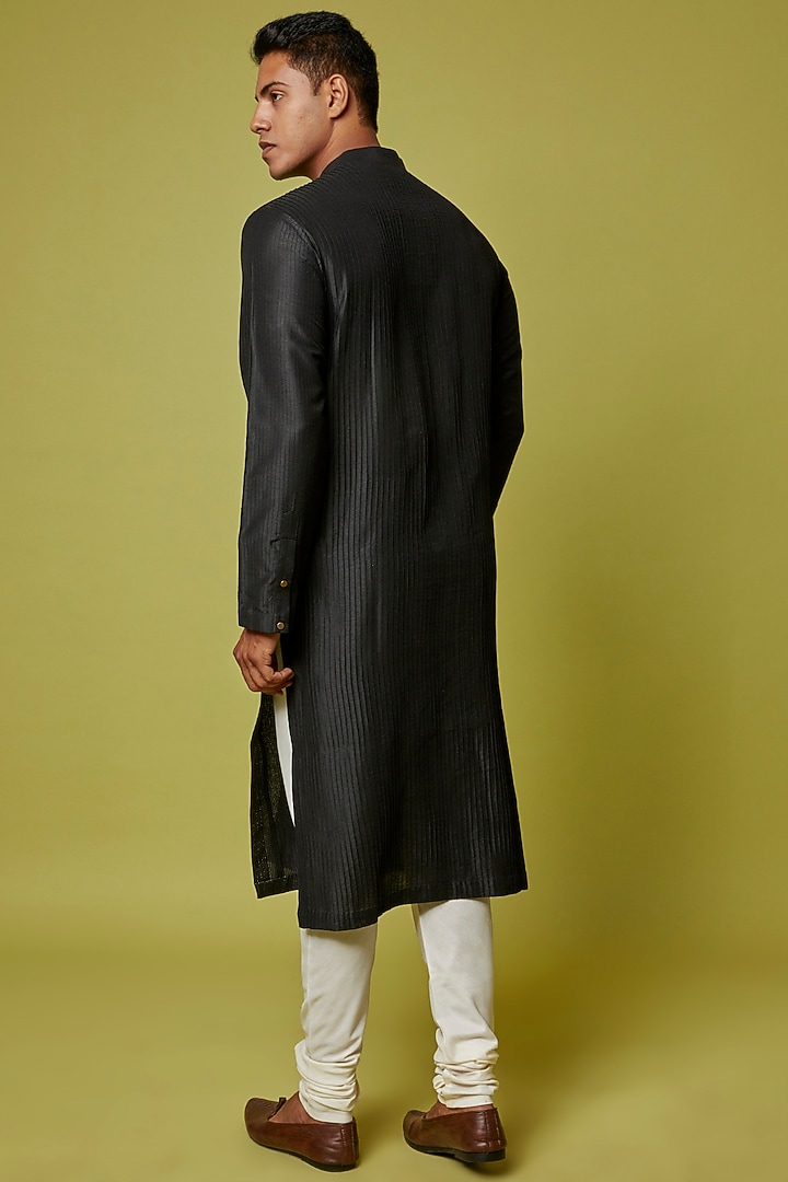 Black Cotton Silk Embellished Kurta Set by RE:O:SA at Pernia's Pop Up Shop