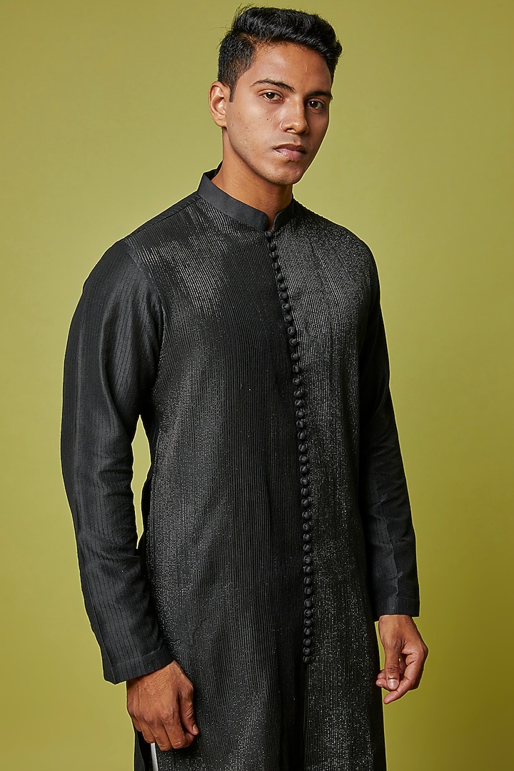 Black Cotton Silk Embellished Kurta Set by RE:O:SA at Pernia's Pop Up Shop