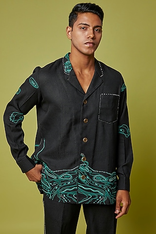 Black Cotton Crepe Embroidered Shirt by RE:O:SA