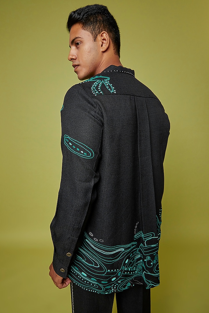 Black Cotton Crepe Embroidered Wedding Shirt by RE:O:SA at Pernia's Pop Up Shop