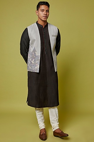 Grey Cotton Silk Bundi Jacket With Kurta Set by RE:O:SA