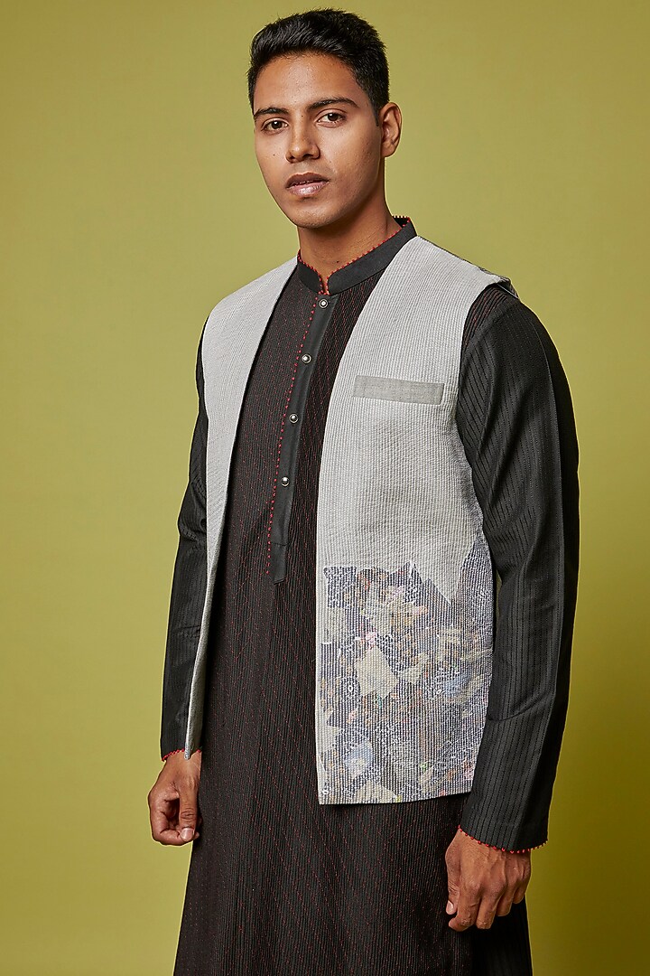 Grey Cotton Silk Bundi Jacket With Kurta Set by RE:O:SA at Pernia's Pop Up Shop