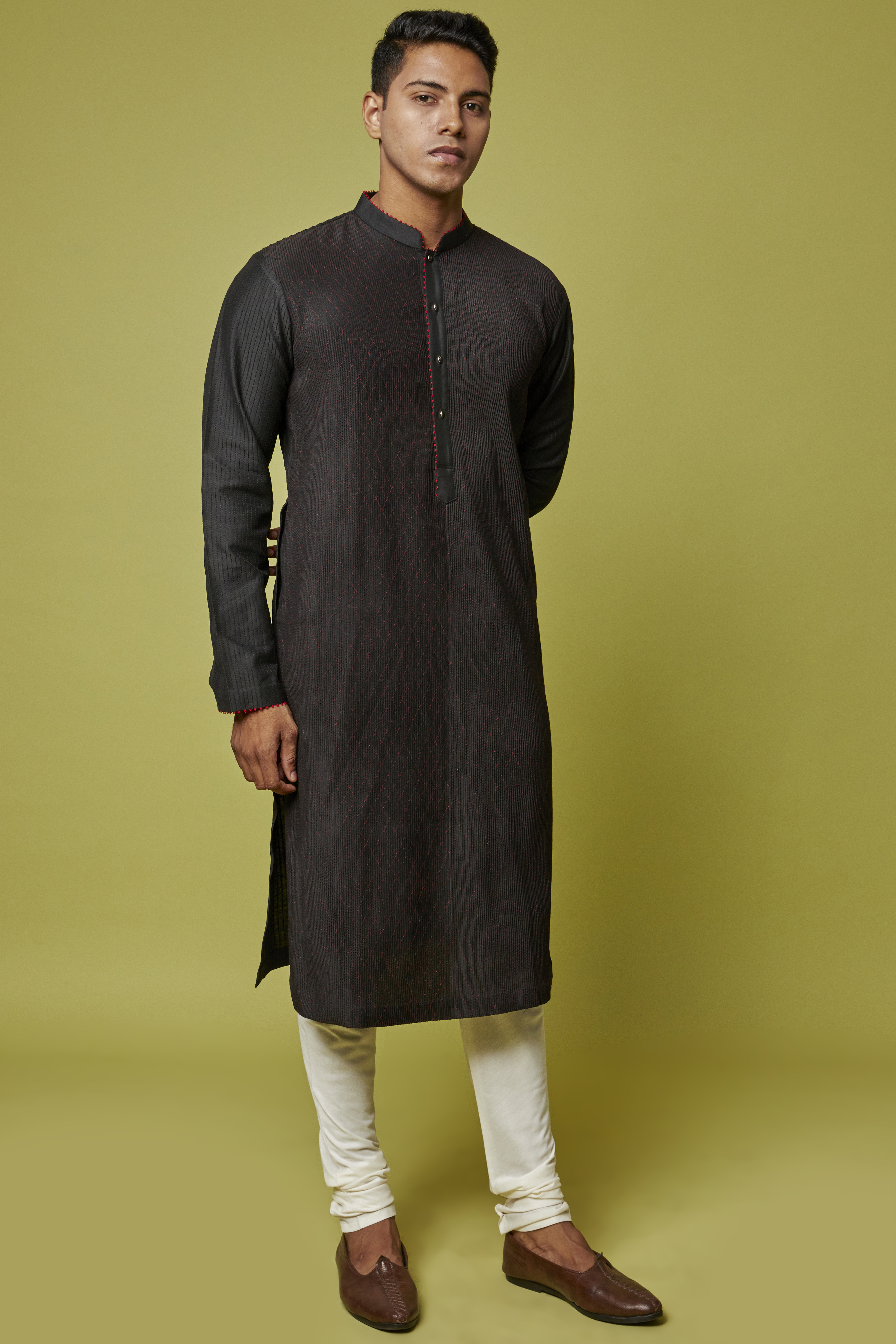 Black Cotton Silk Embroidered Kurta Set by RE:O:SA