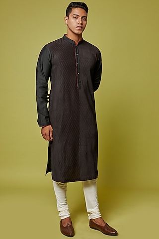 Black Cotton Silk Embroidered Kurta Set by RE:O:SA