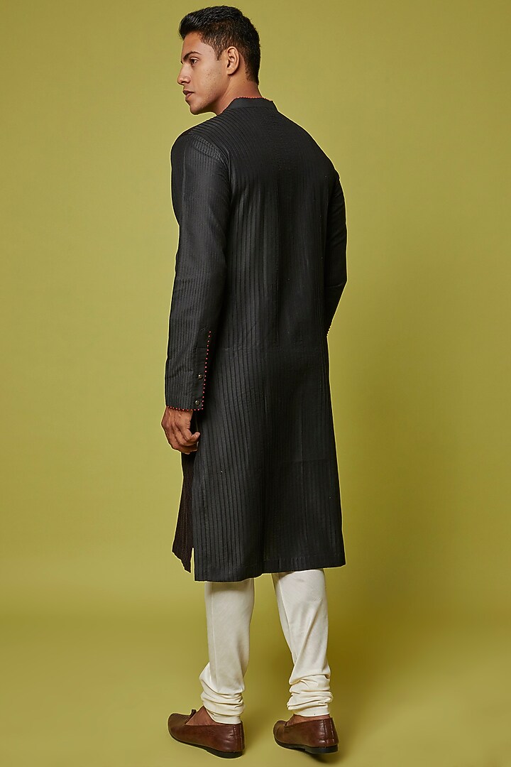 Black Cotton Silk Embroidered Kurta Set by RE:O:SA at Pernia's Pop Up Shop