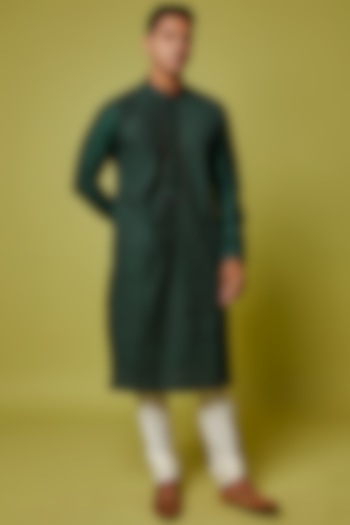 Bottle Green Cotton Silk Embroidered Kurta Set by RE:O:SA