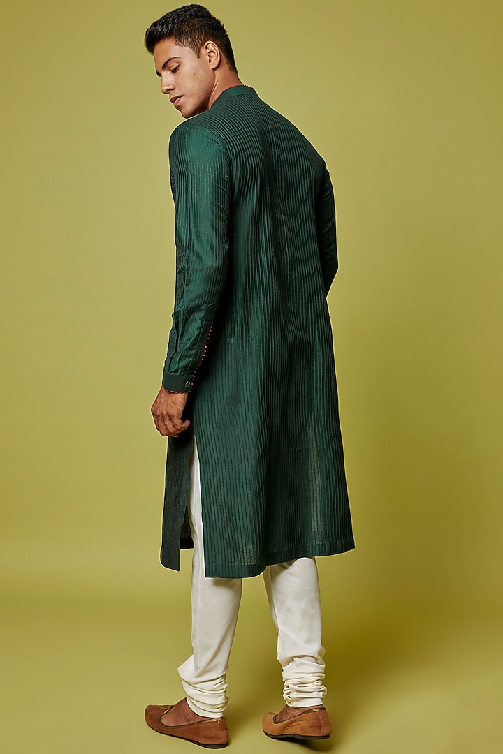Bottle Green Cotton Silk Embroidered Kurta Set by RE:O:SA at Pernia's Pop Up Shop