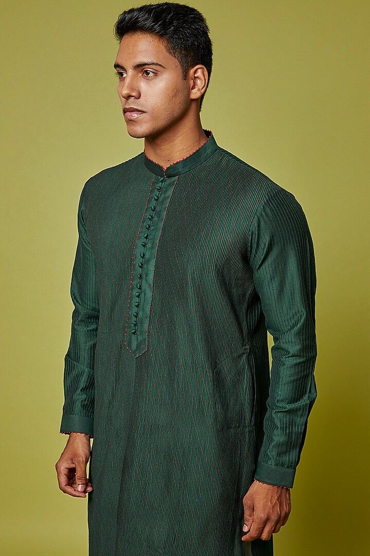 Bottle Green Cotton Silk Embroidered Kurta Set by RE:O:SA at Pernia's Pop Up Shop