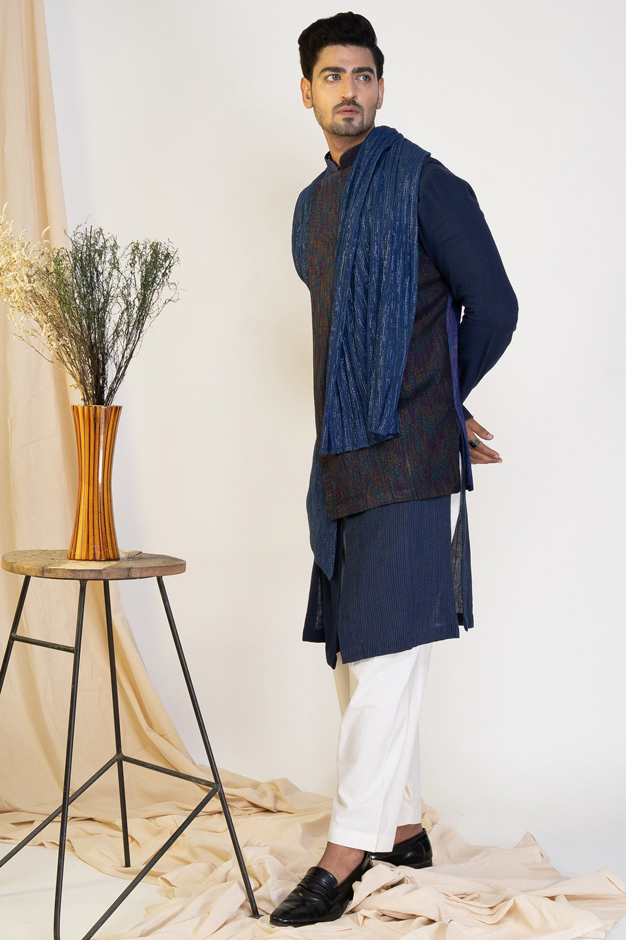 Indigo Embroidered Draped Kurta by RE:O:SA