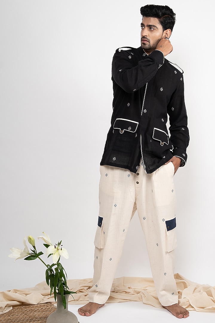 Black Handwoven Kala Cotton Party Wear Shirt by RE:O:SA at Pernia's Pop Up Shop