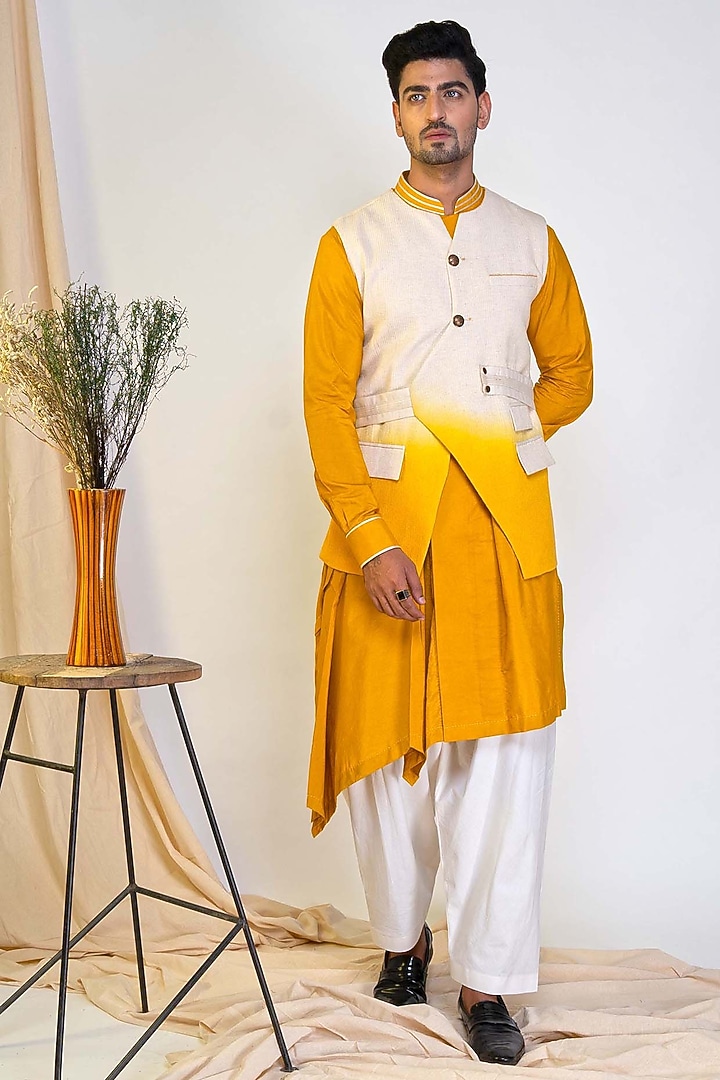 White & Mustard Kala Cotton Bundi Jacket With Kurta by RE:O:SA at Pernia's Pop Up Shop