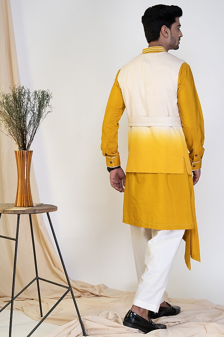 White & Mustard Kala Cotton Bundi Jacket With Kurta by RE:O:SA at Pernia's Pop Up Shop