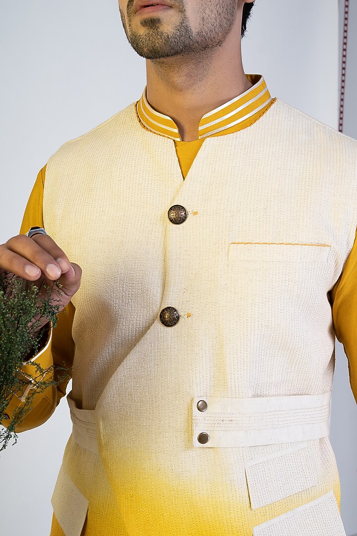 White & Mustard Kala Cotton Bundi Jacket With Kurta by RE:O:SA at Pernia's Pop Up Shop