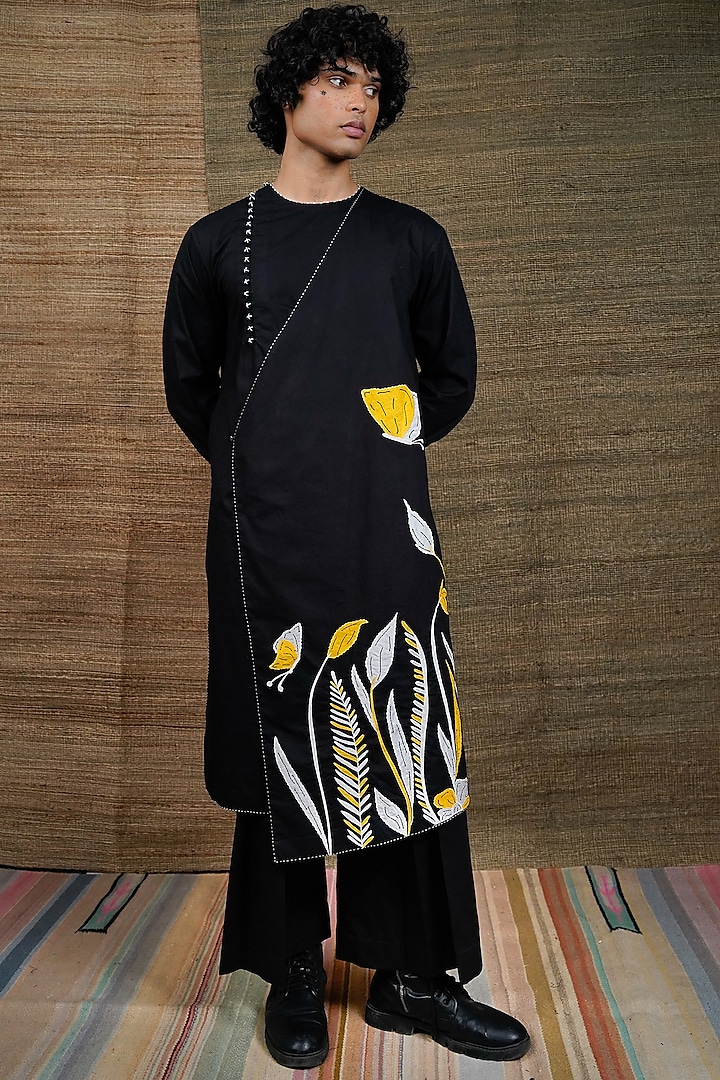 Black Poplin Embroidered Kurta Set by RE:O:SA at Pernia's Pop Up Shop