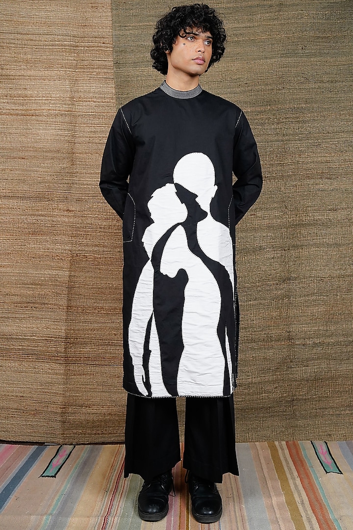 Black Poplin Embroidered Kurta Set by RE:O:SA