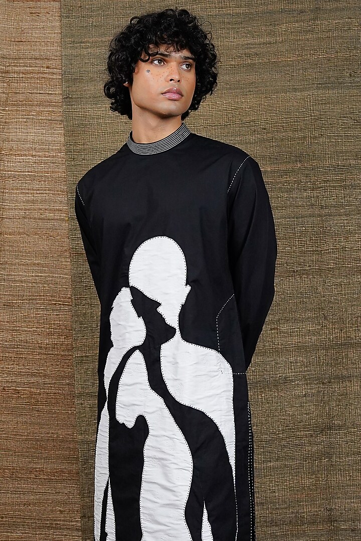 Black Poplin Embroidered Kurta Set by RE:O:SA at Pernia's Pop Up Shop