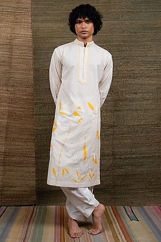 White Cotton Linen Embroidered Kurta Set by RE:O:SA
