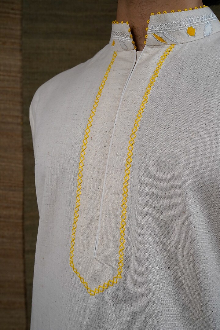 White Cotton Linen Embroidered Kurta Set by RE:O:SA at Pernia's Pop Up Shop