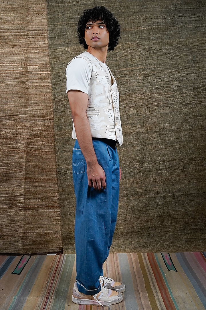 White Cotton Linen Embroidered Waistcoat by RE:O:SA at Pernia's Pop Up Shop