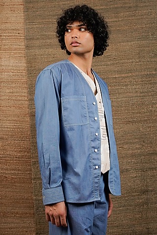 Blue Cotton Denim Overlay Shirt by RE:O:SA