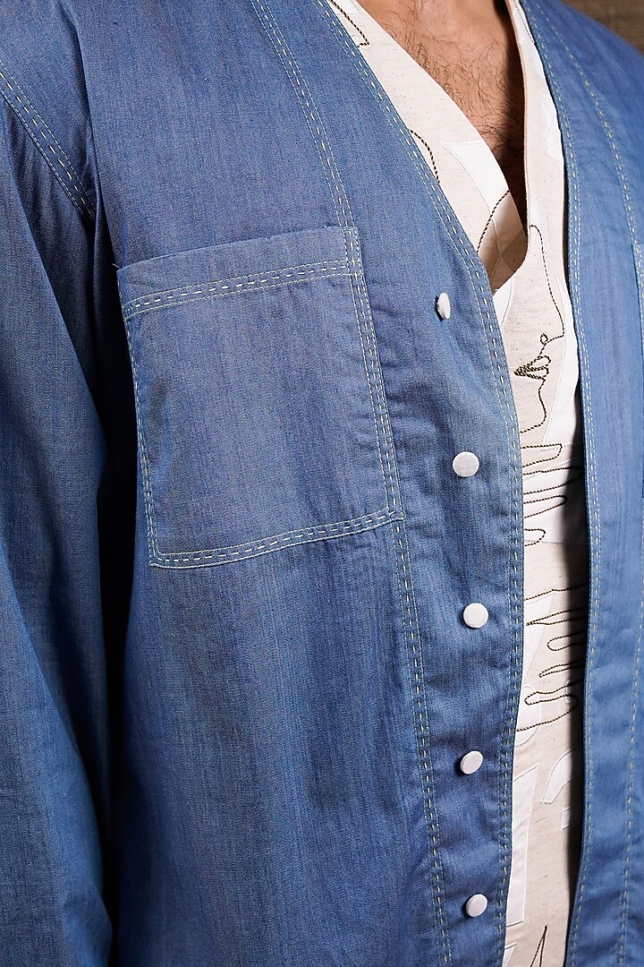Blue Cotton Denim Overlay Wedding Shirt by RE:O:SA at Pernia's Pop Up Shop