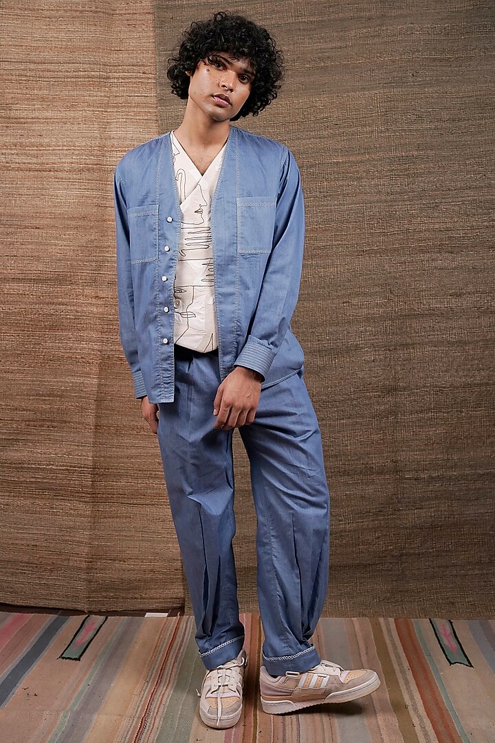 Blue Cotton Denim Overlay Wedding Shirt by RE:O:SA at Pernia's Pop Up Shop