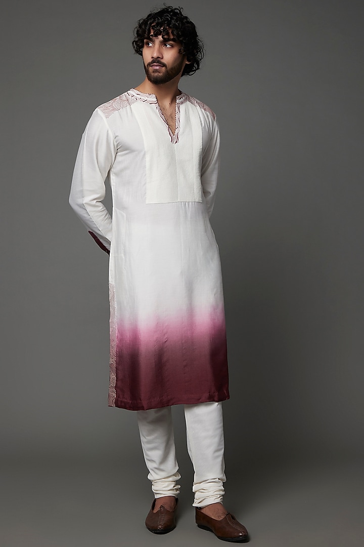 White & Wine Red Ombre Embroidered Kurta Set by RE:O:SA