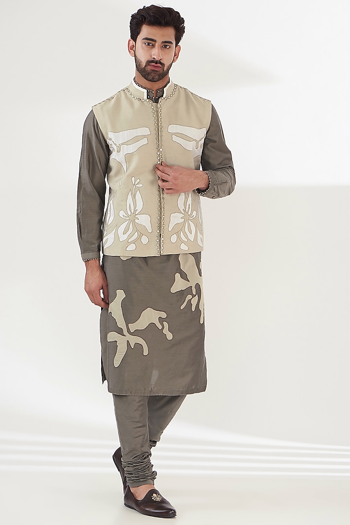 Light Grey Cotton Silk Patch Work Embroidered Nehru Jacket Set by RE:O:SA