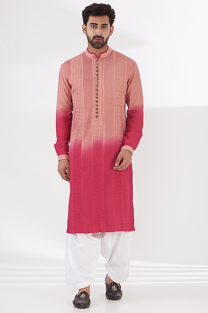 Rose Pink Ombre Cotton Silk Embellished Kurta Set by RE:O:SA