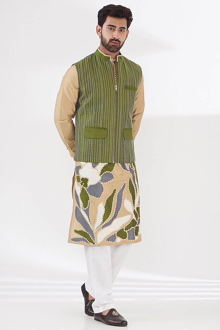 Olive Green Cotton Silk Patra Embroidered Nehru Jacket Set by RE:O:SA at Pernia's Pop Up Shop