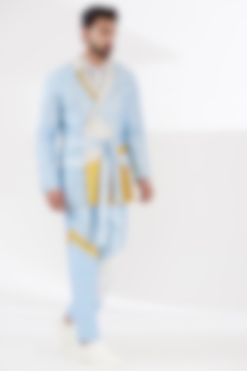 Blue Dupion Silk Color-Blocked Layered Jacket Set by RE:O:SA at Pernia's Pop Up Shop