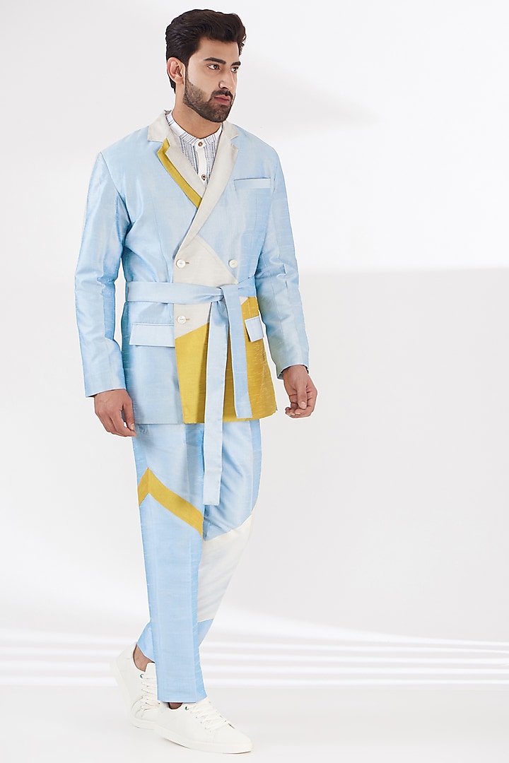 Blue Dupion Silk Color-Blocked Layered Jacket Set by RE:O:SA at Pernia's Pop Up Shop