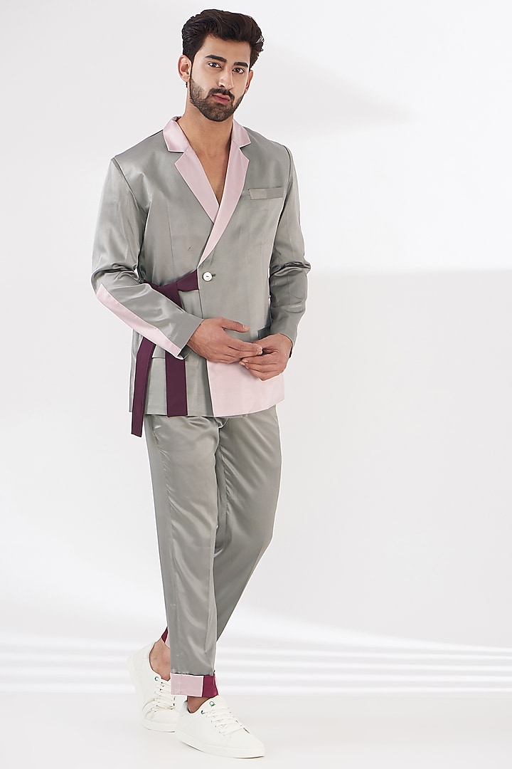 Grey Satin Color-Blocked Indowestern Set by RE:O:SA