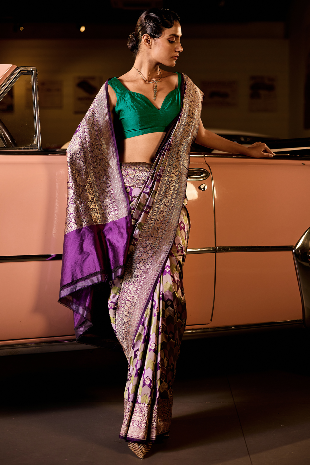 Green & Purple Pure Handwoven Silk Banarasi Reception Saree Set by Resa by Ushnakmals at Pernia's Pop Up Shop