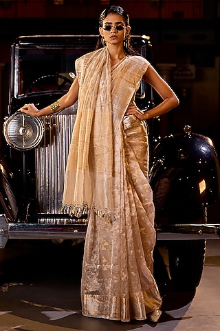 Ivory Pure Handwoven Tissue Silk Banarasi Saree Set by Resa by Ushnakmals