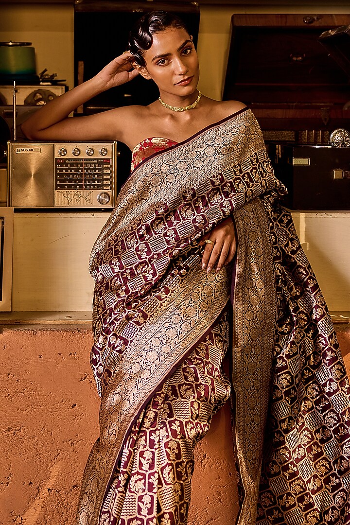 Coffee Brown Pure Handwoven Silk Banarasi Wedding Saree Set by Resa by Ushnakmals at Pernia's Pop Up Shop