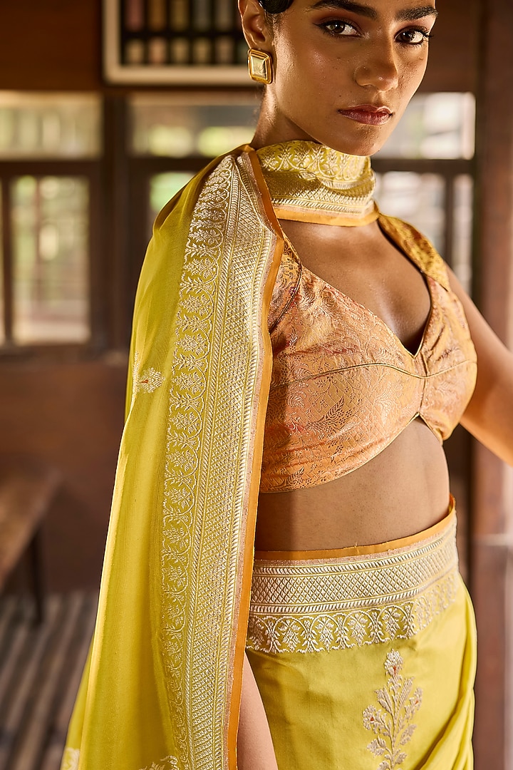 Lime Green Pure Handwoven Silk Banarasi Wedding Saree Set by Resa by Ushnakmals at Pernia's Pop Up Shop