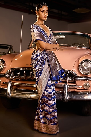 Blue Pure Handwoven Silk Banarasi Saree Set by Resa by Ushnakmals
